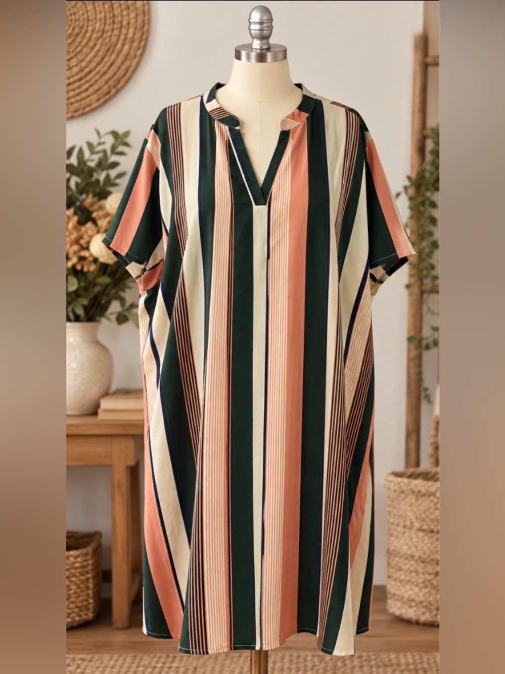 SHEIN Vertical Stripe caftan style Midi Dress in Green, Cream & Rust- lightweigh